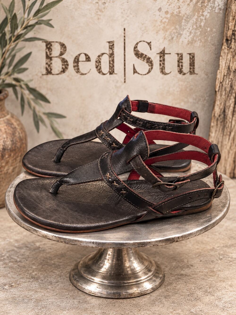 BED|STÜ Moon Black Rustic Leather Ankle Strap Sandals Size 8 Box